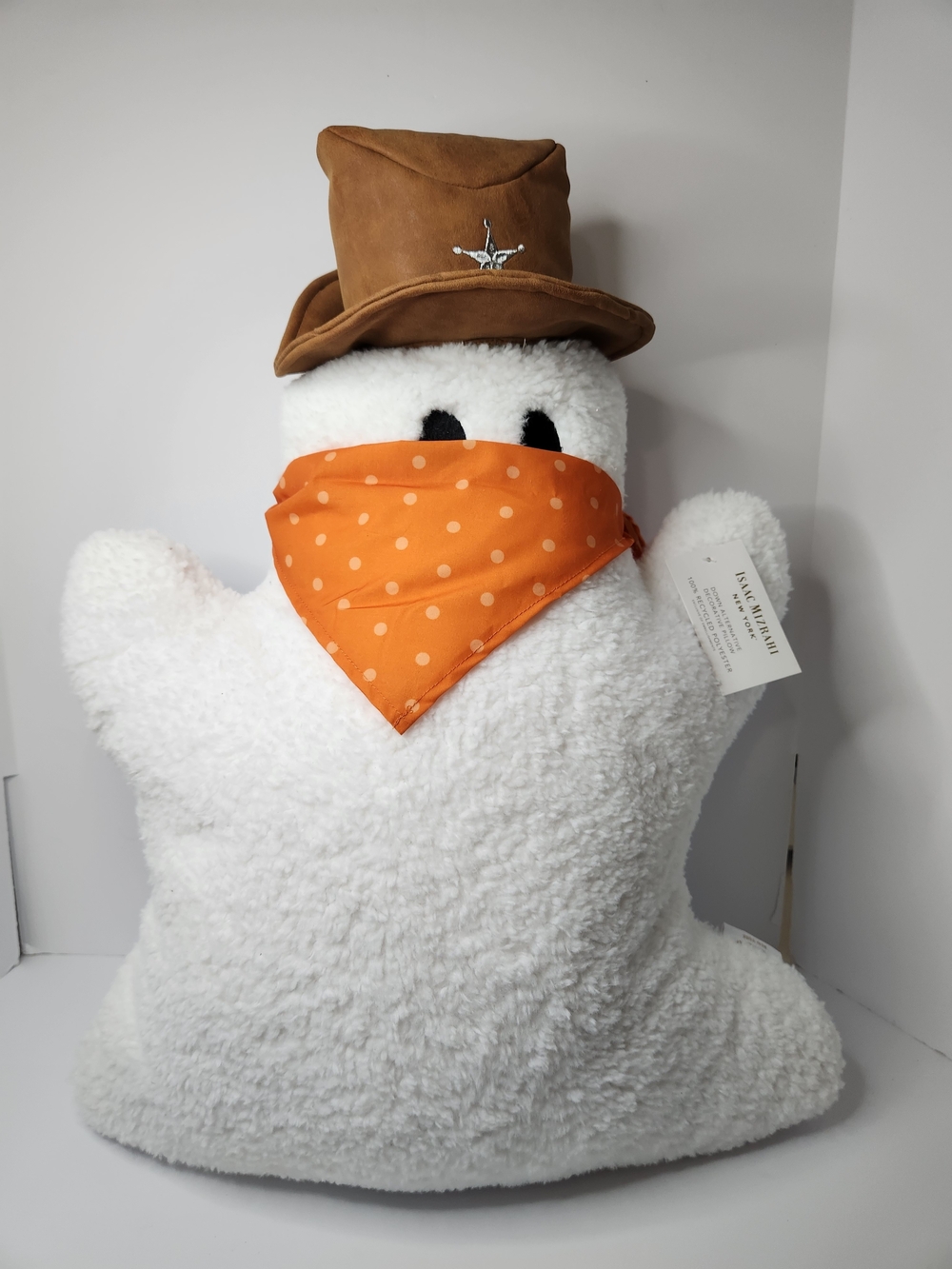 Isaac Mizrahi White Plush Ghost Pillow w/ Orange Polka Dot Bandana & Brown Hat